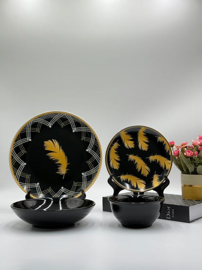 24 Pcs Feather Design Black Porcelain Plate Set with Bowls 🪶