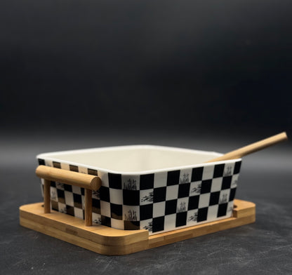 Box Pattern Ceramic Chow Mein Bowl with Bamboo Spoon-Fork and Stand ✨