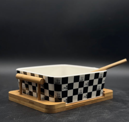 Box Pattern Ceramic Chow Mein Bowl with Bamboo Spoon-Fork and Stand ✨