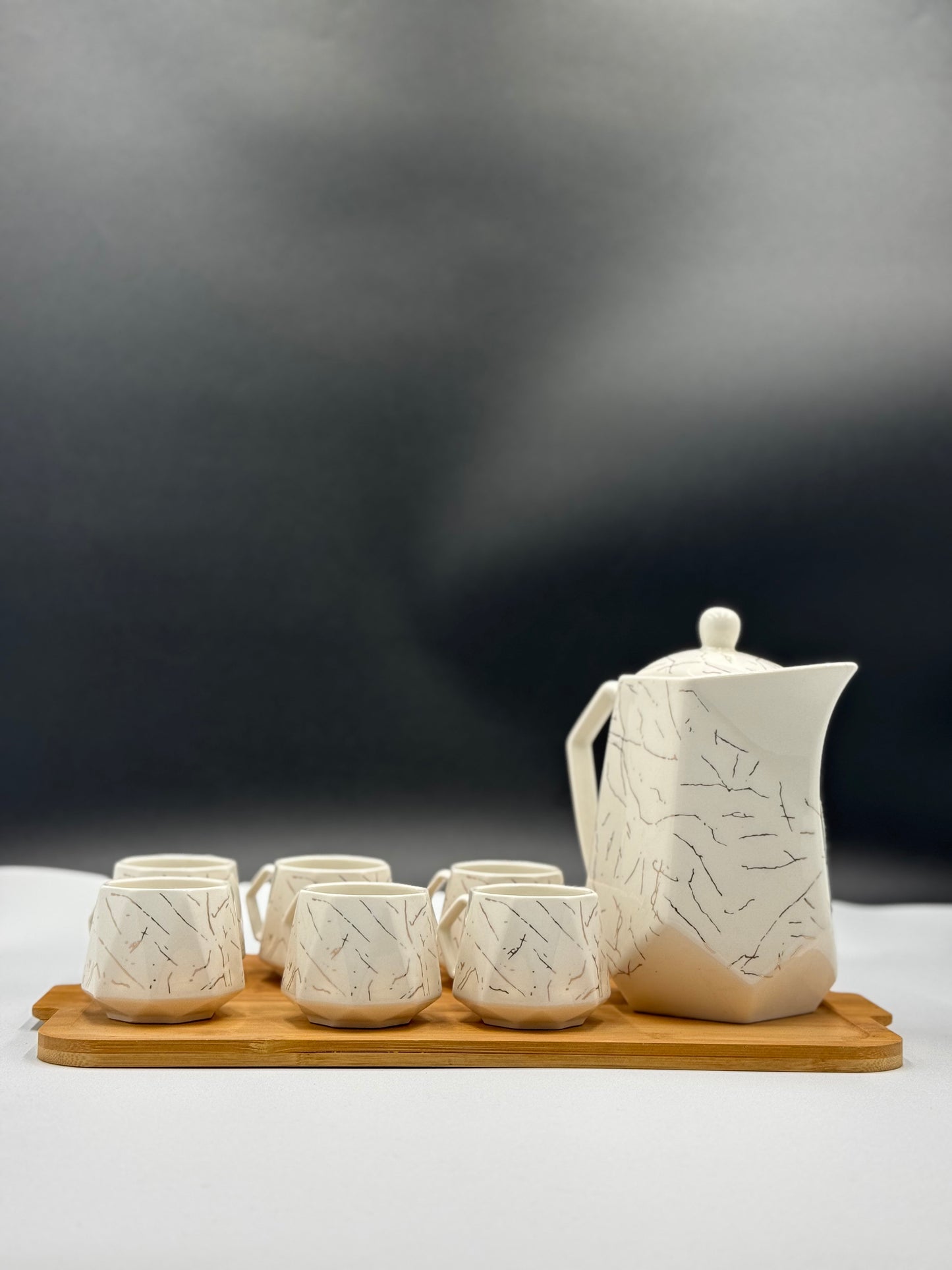 8 Pcs White Marble Design Ceramic Kehwa Set with Wooden Tray ☕️✨