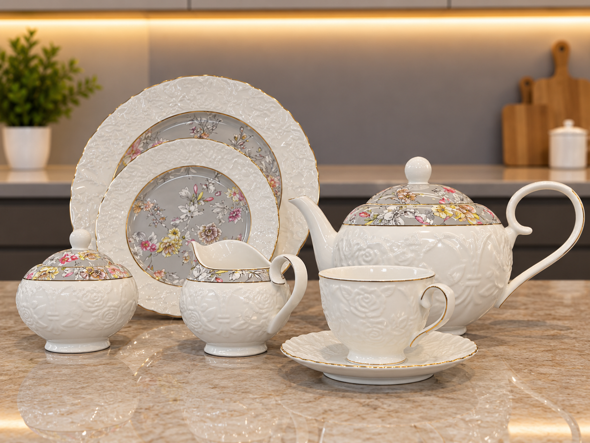 24 Pcs Floral Embossed Tea Set
