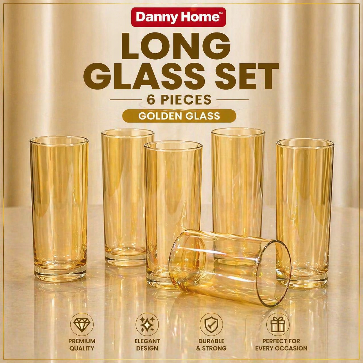 6 Pcs Danny Home Long Golden Drink Glass Set