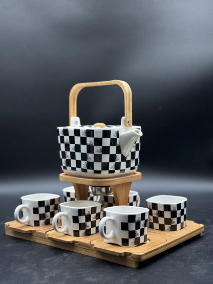 16 Pcs Box Pattern Ceramic Tea Set with Wooden Saucers ☕️✨