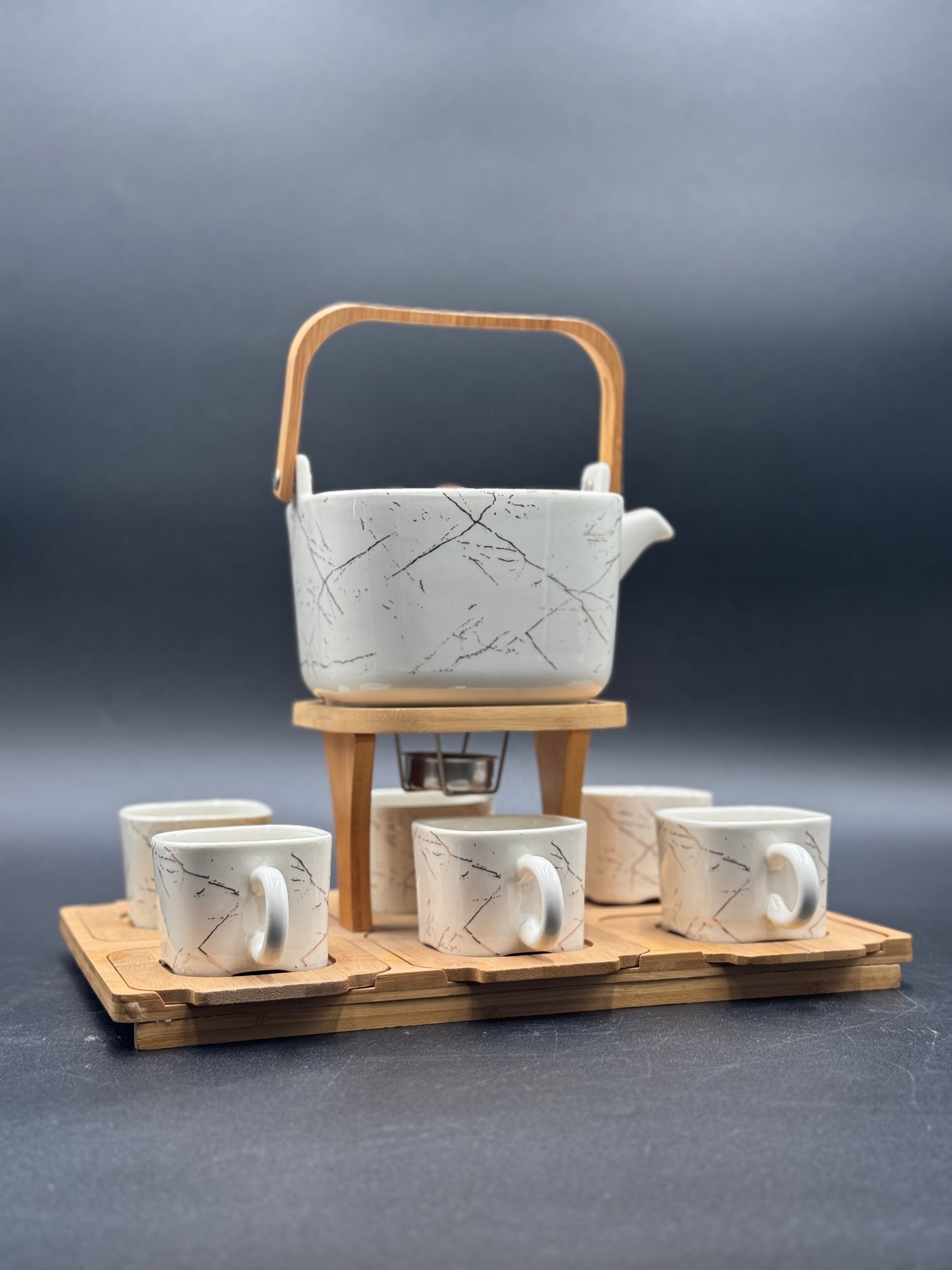 16 Pcs White Marble Design Ceramic Tea Set with Wooden Saucers ☕️✨