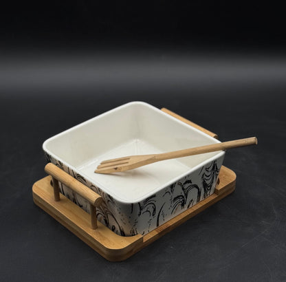 Abstract Pattern Ceramic Chow Mein Bowl with Bamboo Spoon-Fork and Stand ✨