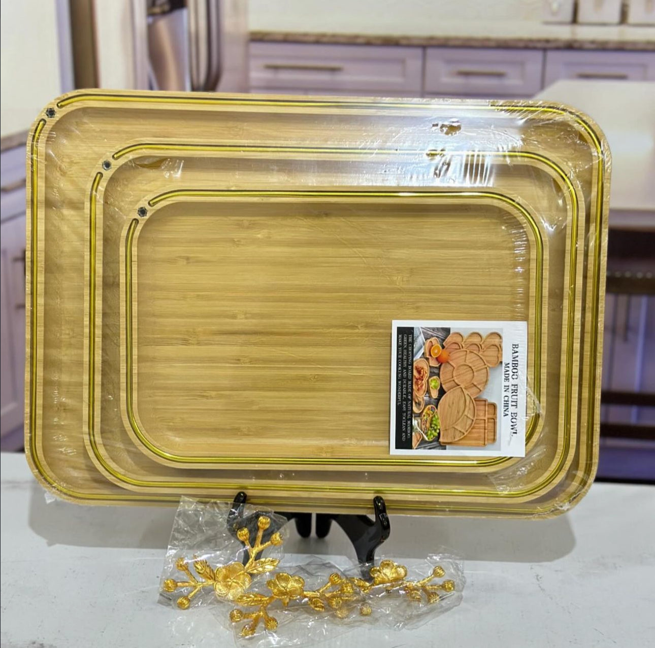 3pcs Wooden Trays with 24K Gold Plated Metal Leaf Decoration ✨