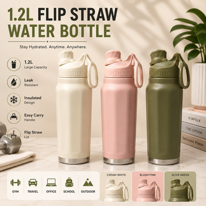 1.2L Flip Straw Insulated Water Bottle – Premium Carry Handle Edition
