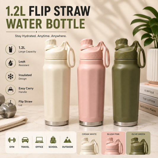1.2L Flip Straw Insulated Water Bottle – Premium Carry Handle Edition
