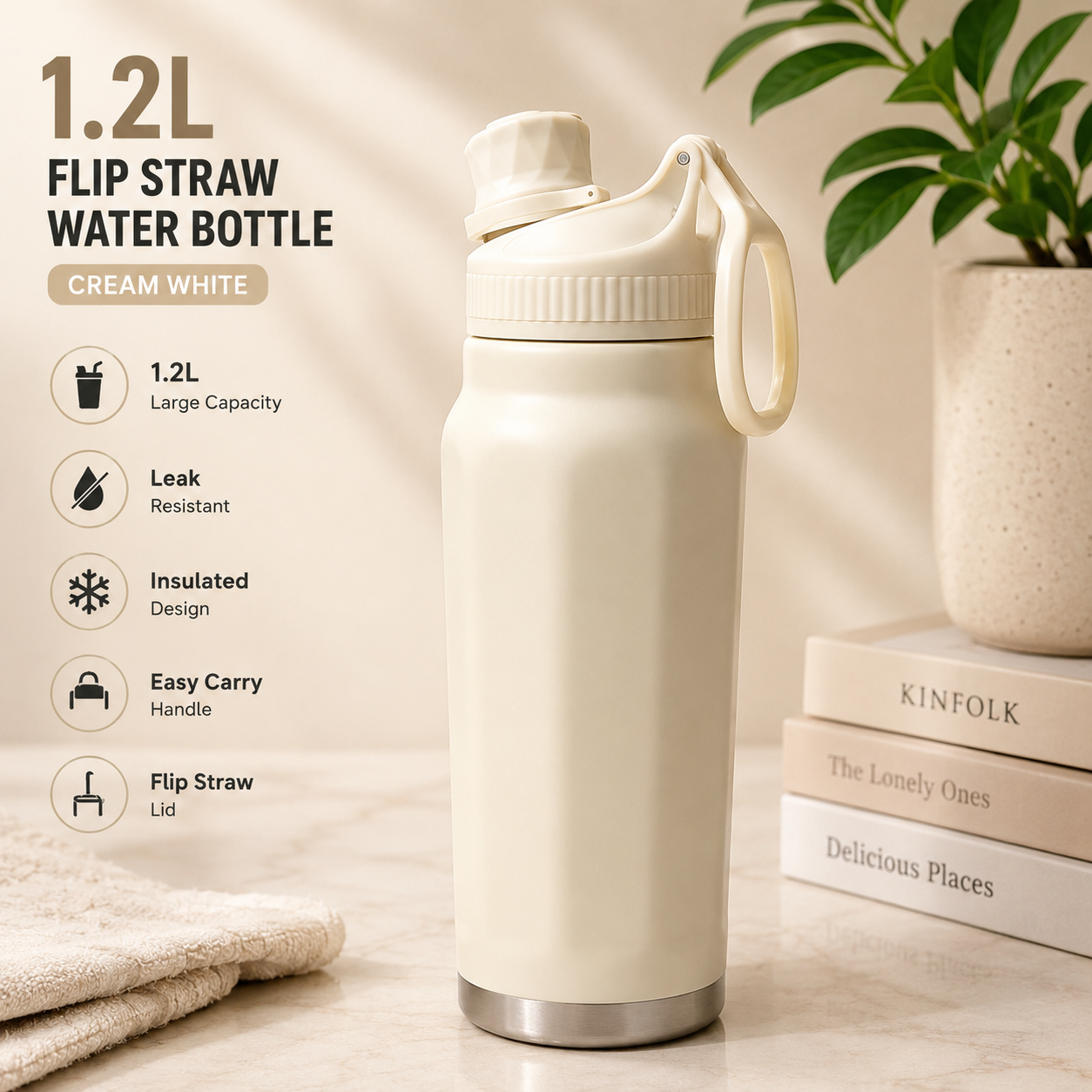 1.2L Flip Straw Insulated Water Bottle – Premium Carry Handle Edition