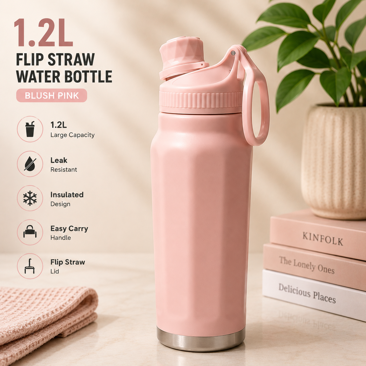 1.2L Flip Straw Insulated Water Bottle – Premium Carry Handle Edition