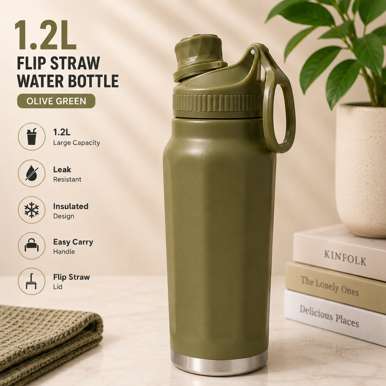 1.2L Flip Straw Insulated Water Bottle – Premium Carry Handle Edition