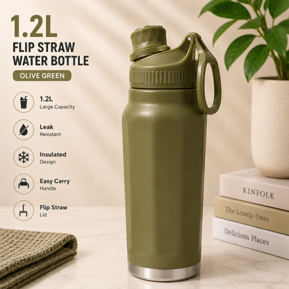 1.2L Flip Straw Insulated Water Bottle – Premium Carry Handle Edition