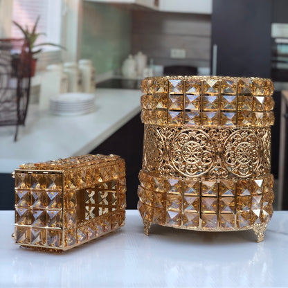 Crystal Beaded Metal Waste Bin and Tissue Box Set