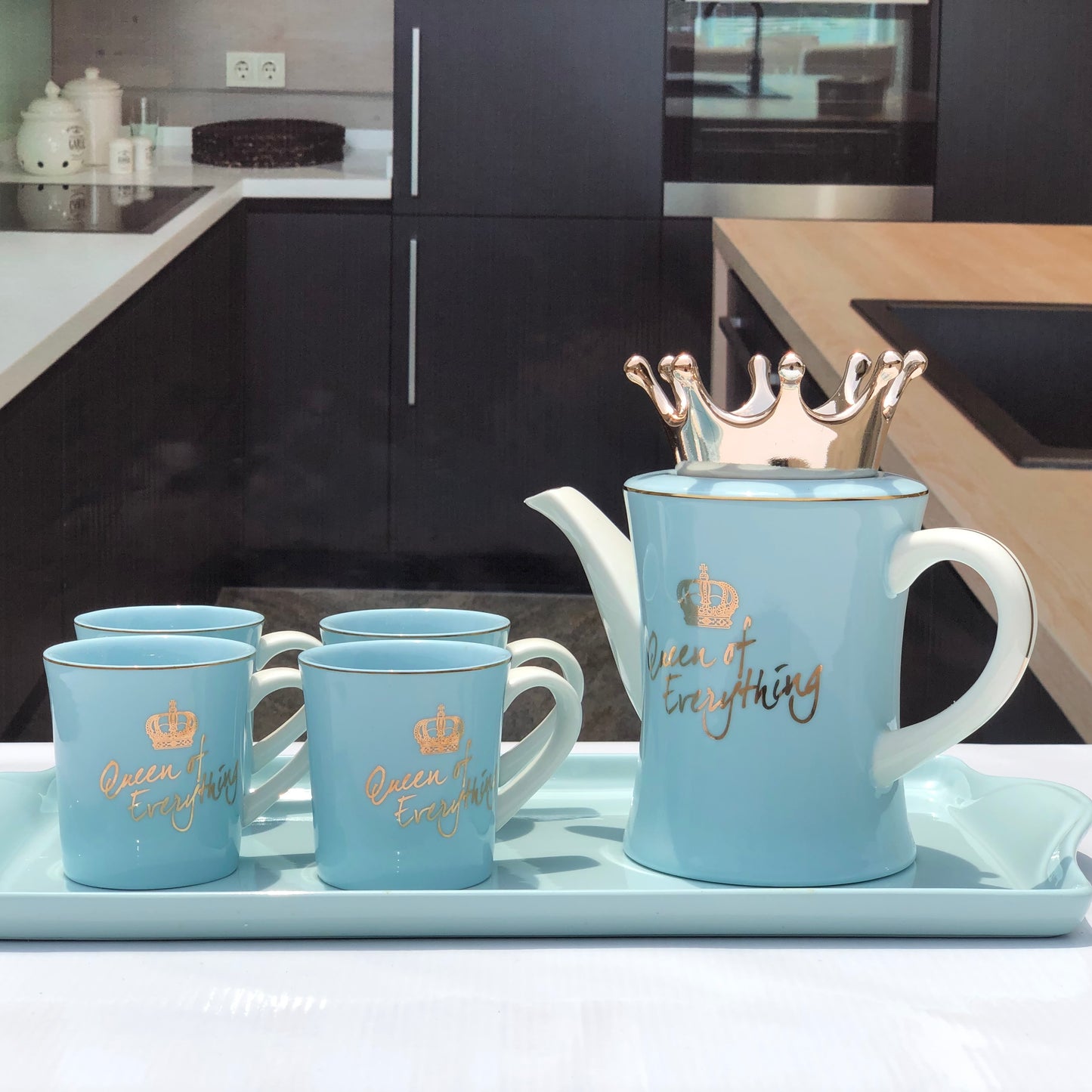 7 pcs Bone China Tea Set with Tray - “Queen Of Everything”