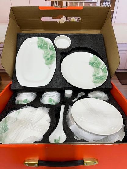 Green Oasis Tranquility - 48 Pcs Bone China Chinese Dinner Set ✨