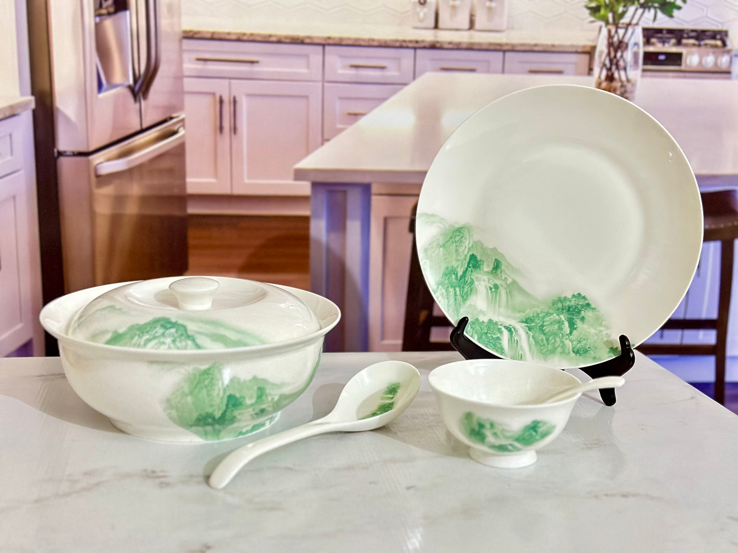 Green Oasis Tranquility - 48 Pcs Bone China Chinese Dinner Set ✨