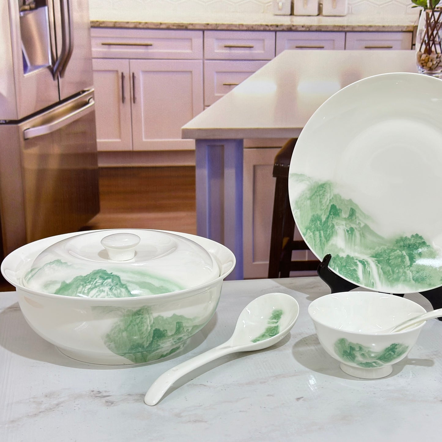 Green Oasis Tranquility - 48 Pcs Bone China Chinese Dinner Set ✨