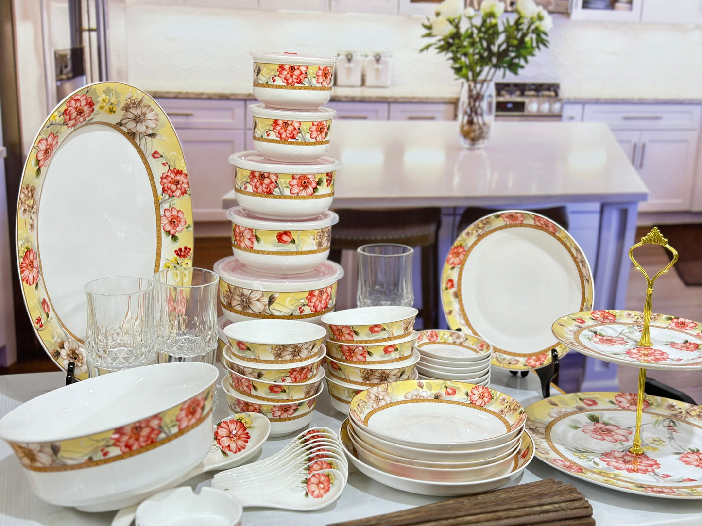 56pcs Super Bone China Chinese Dinner Set with Cake Platter 🍜🍰