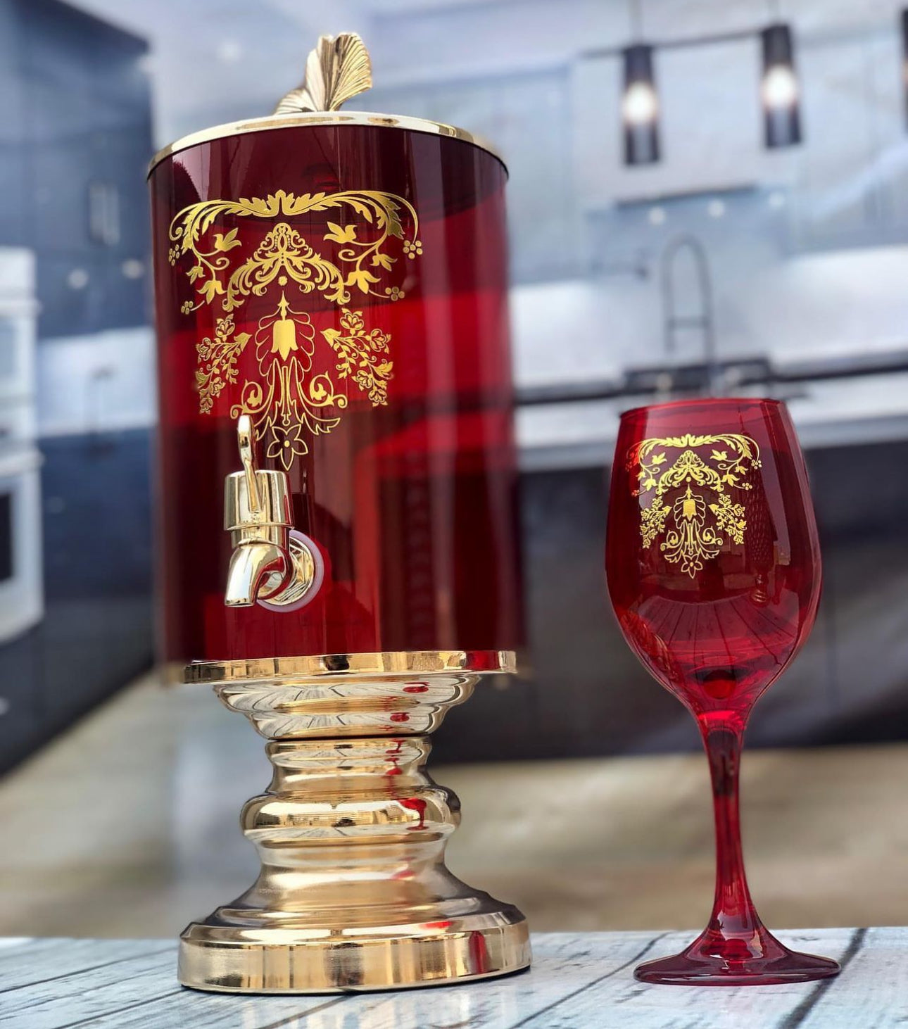 7pcs Gold-Plated Red Glass Dispenser Set