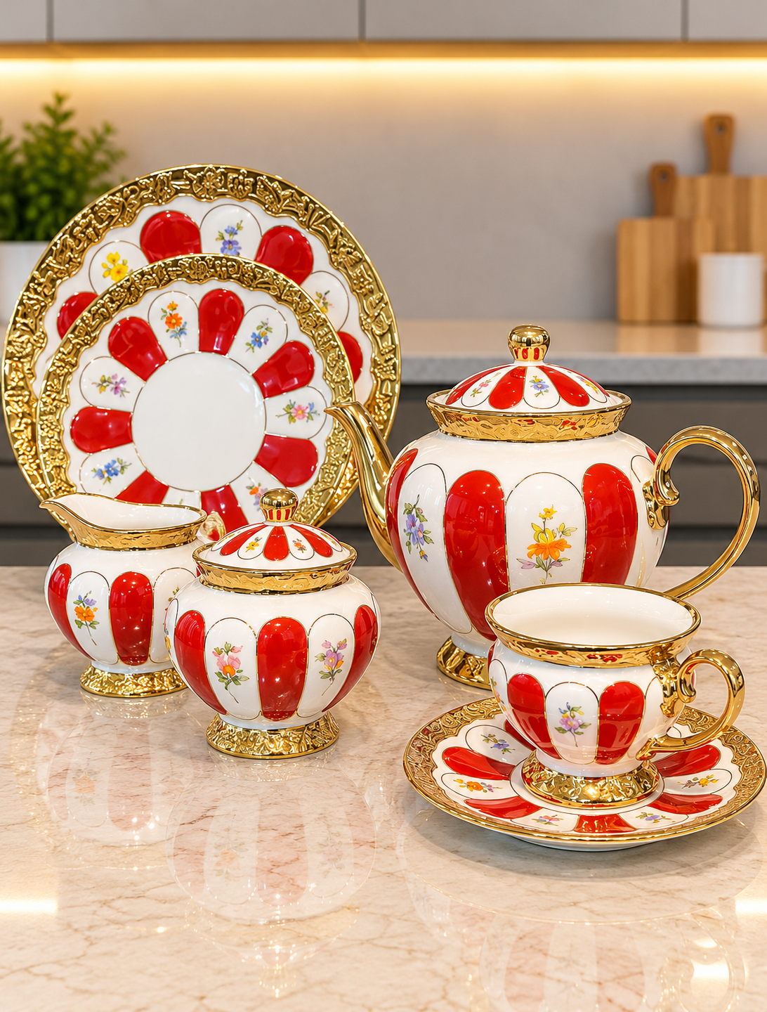 24 Pcs Royal Gold Tea Set Red & Blue