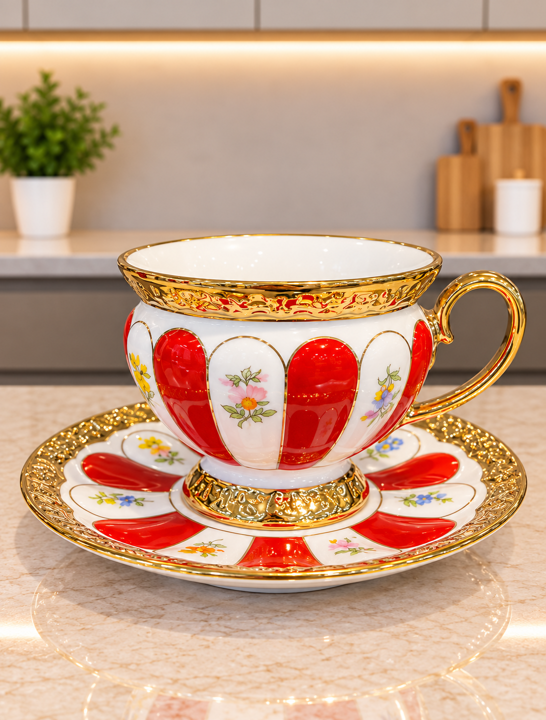 24 Pcs Royal Gold Tea Set Red & Blue