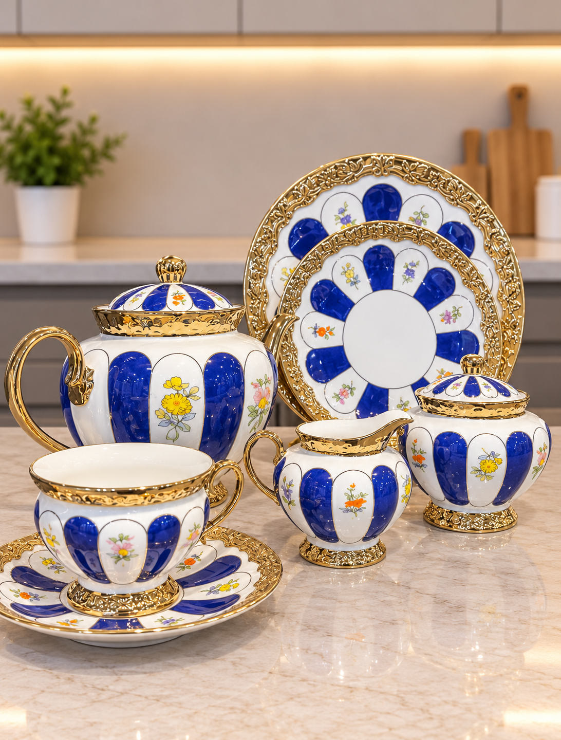 24 Pcs Royal Gold Tea Set Red & Blue