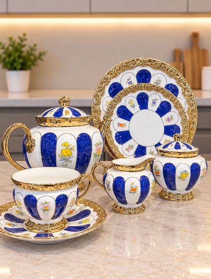 24 Pcs Royal Gold Tea Set Red & Blue