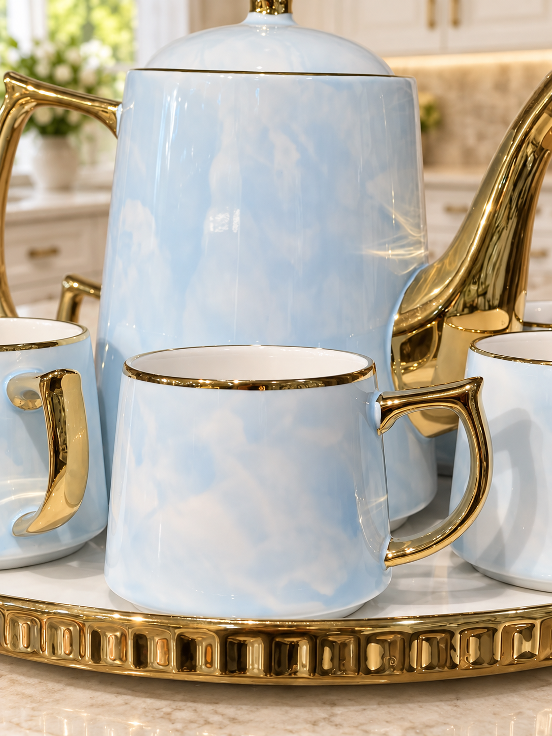8 Pcs Blue Bliss Tea Set with Rotating Tray ☕️