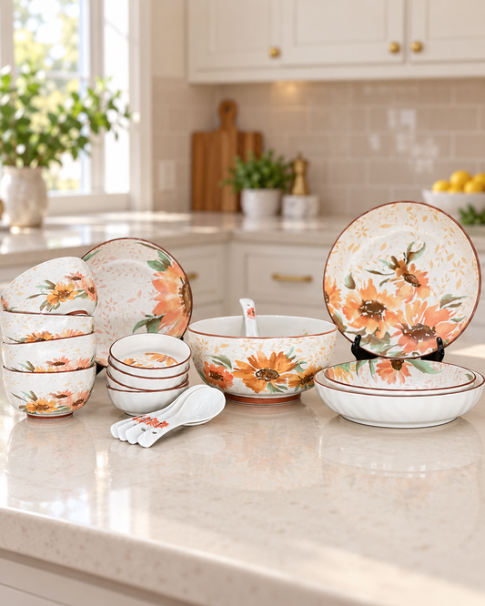 18 Pcs Sunflower Matte Bone China Chinese Breakfast Set with Printed Spoons🌻