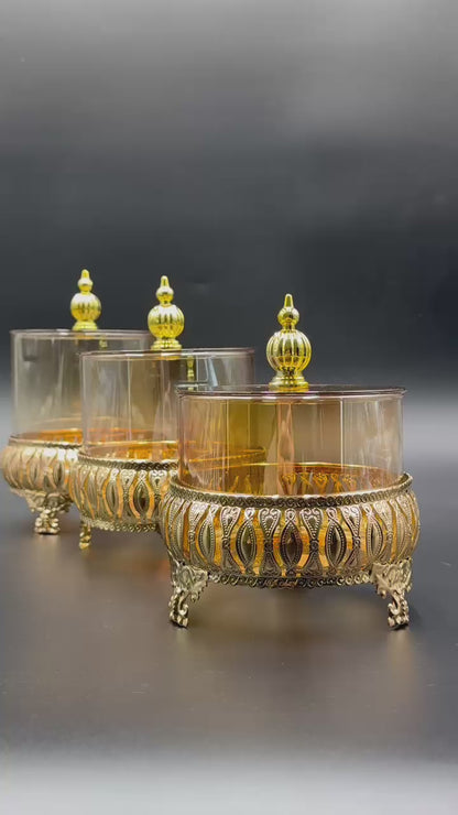 3 Pcs Golden Glass Storage Jars with Metal Stands✨