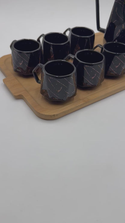 8 Pcs Black Marble Design Ceramic Kehwa Set with Tray ☕️✨