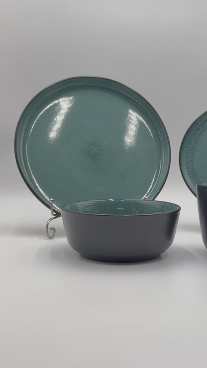 16 Pcs Teal & Matte Black Reactive Glazed Breakfast Set 💥