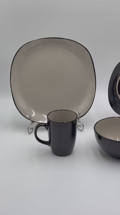 16 Pcs Cream & Black Glazed Stoneware Breakfast Set 🍽️