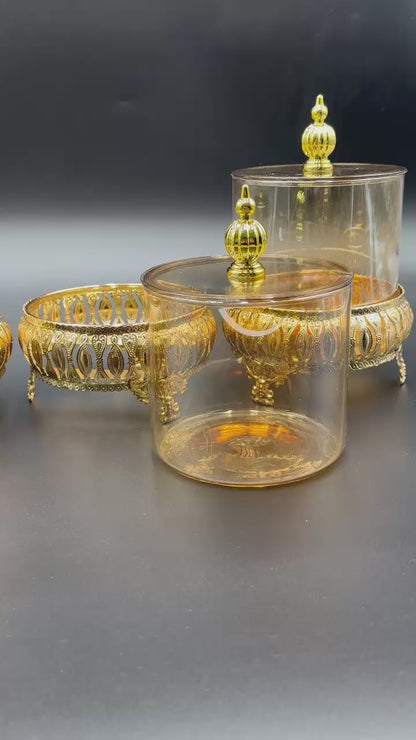 3 Pcs Golden Glass Storage Jars with Metal Stands✨