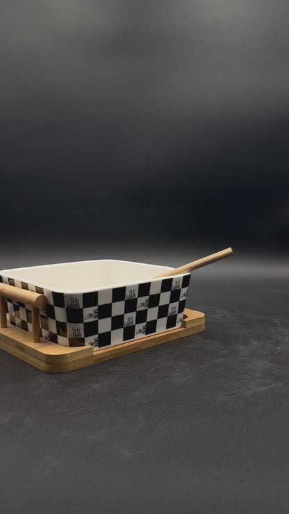 Box Pattern Ceramic Chow Mein Bowl with Bamboo Spoon-Fork and Stand ✨