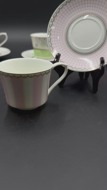 12 Pcs Pink Stripes Fine Bone China Cup & Saucer Set ✨