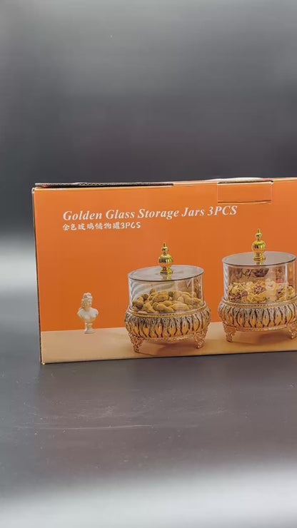 3 Pcs Golden Glass Storage Jars with Metal Stands✨