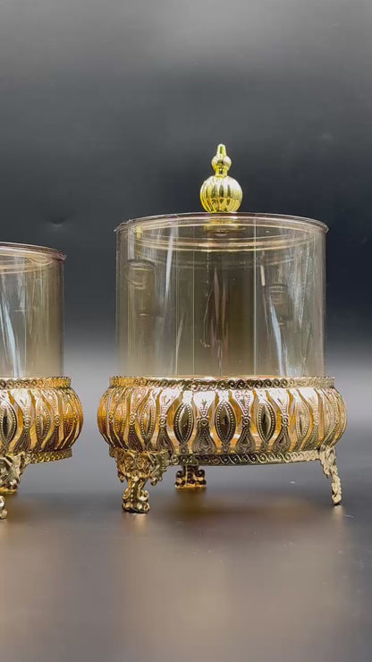 3 Pcs Golden Glass Storage Jars with Metal Stands✨