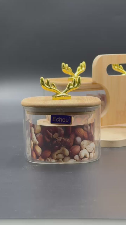 4 Pcs Airtight Glass Jar Set with Crown Lid and Bamboo Stand✨