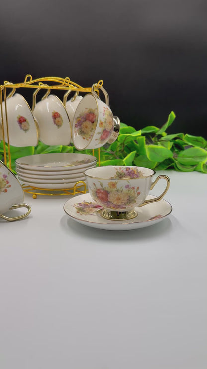 12 Pcs Marigold Flower Fine Bone China Cup & Saucer Set with Stand🌺