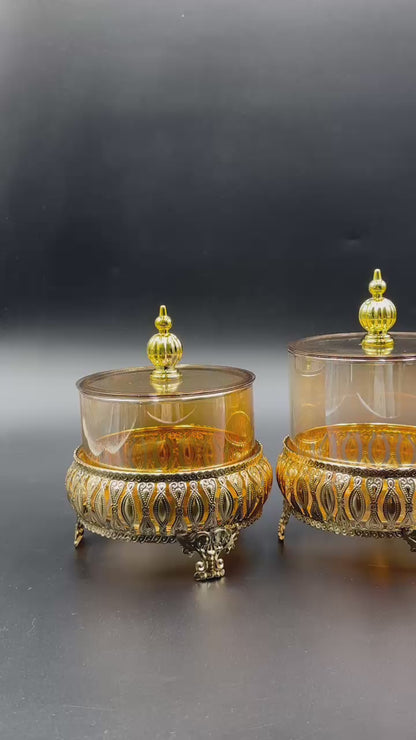 3 Pcs Golden Glass Storage Jars with Metal Stands✨