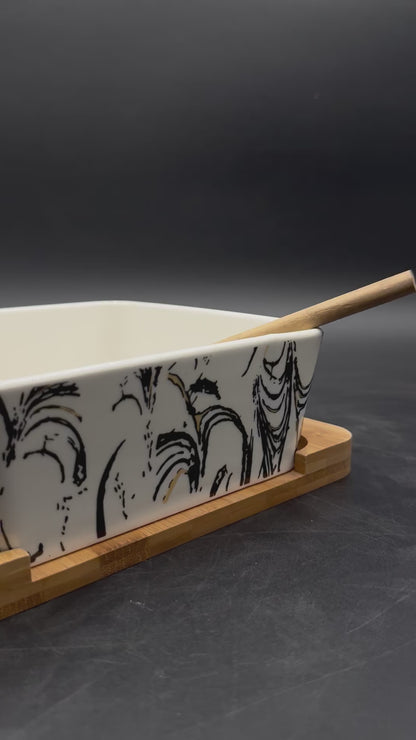 Abstract Pattern Ceramic Chow Mein Bowl with Bamboo Spoon-Fork and Stand ✨